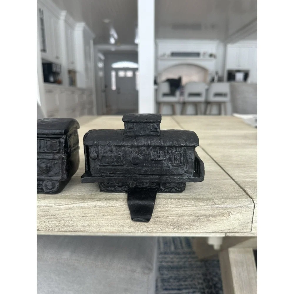 Rustic Black Cast Metal Train Stocking Holders Heavy Duty Set Of 2